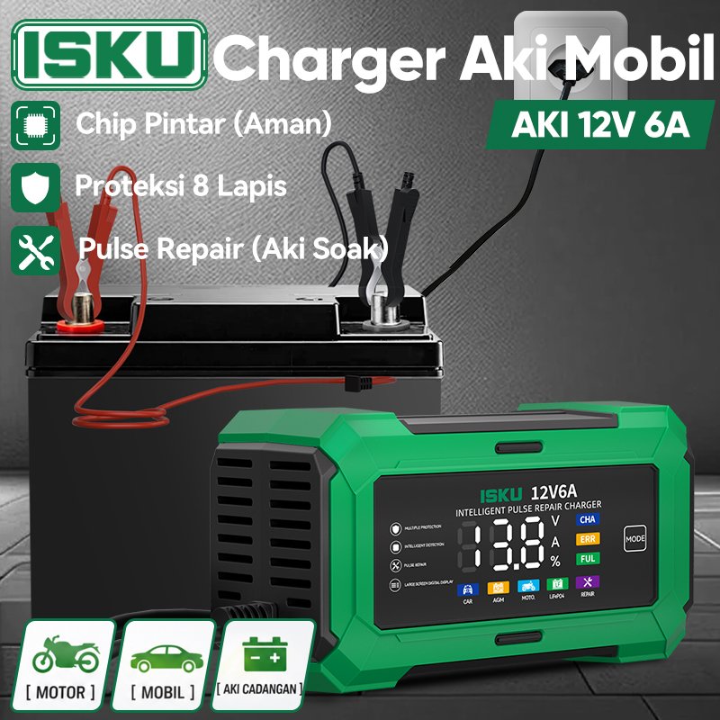 ISKU Smart Charger 12V 6A Charger Aki Cerdas dengan Pulse Repair, 5 Mode Pengisian, Layar LED, Proteksi 8 Lapis, untuk Motor, Mobil, & Aki Lithium