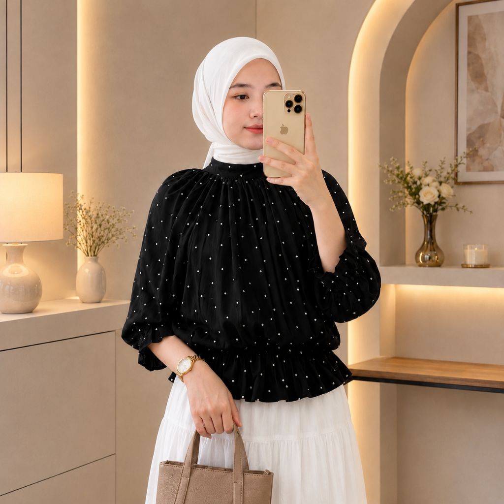 Blouse Wanita Motif Polkadot Kekinian Atasan Wanita Casual