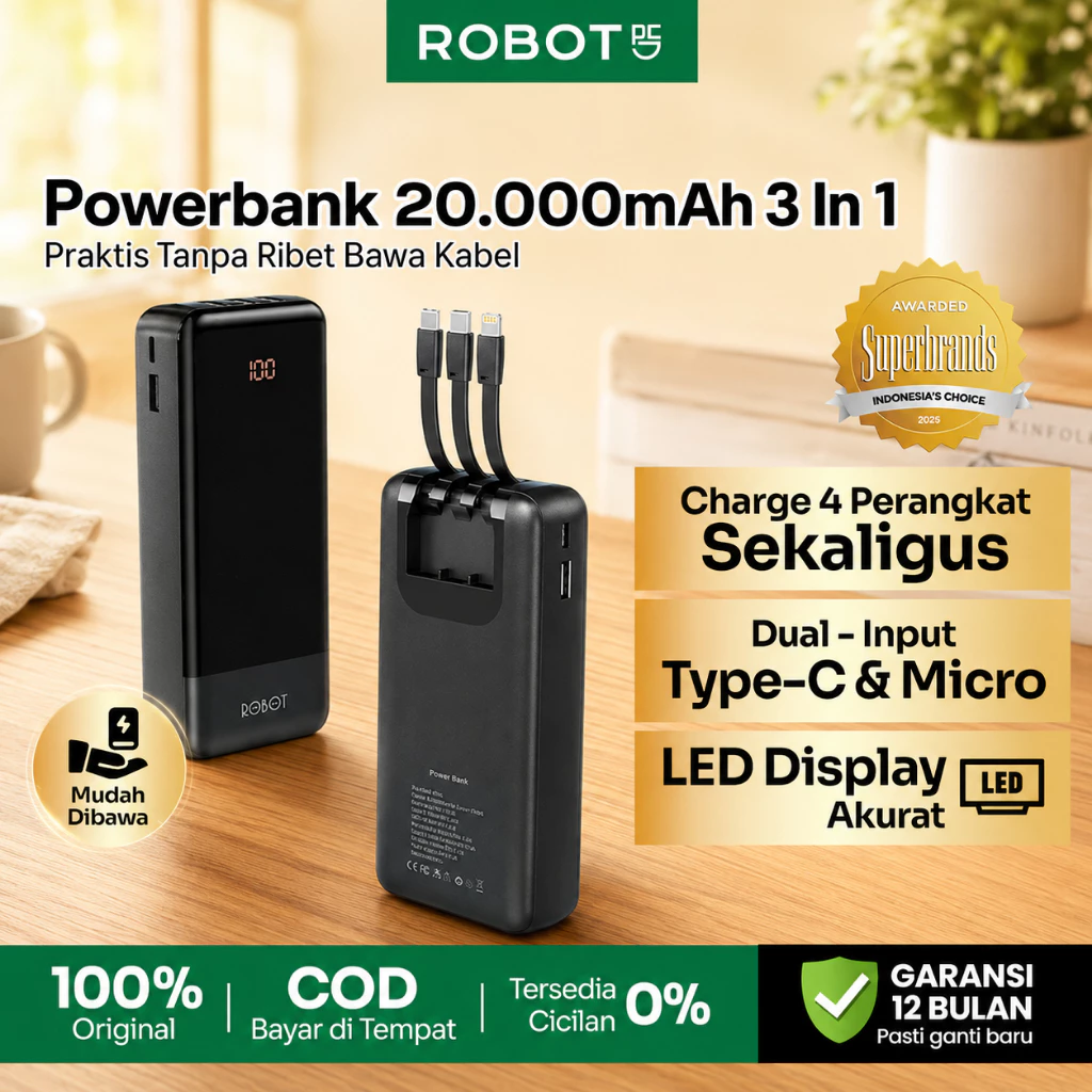 ROBOT Powerbank RP-201L 20000mAh Fast Charging 3 Kabel Built-in Type-C Lightning Micro USB Power Bank Portable Travel Bisa Dibawa ke Pesawat Garansi 1 Tahun