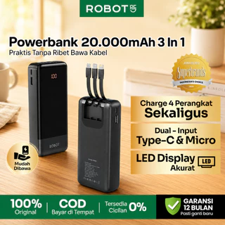 ROBOT Powerbank RP-201L 20000mAh Fast Charging 3 Kabel Built-in Type-C Lightning Micro USB Power Bank Portable Travel Bisa Dibawa ke Pesawat Garansi 1 Tahun