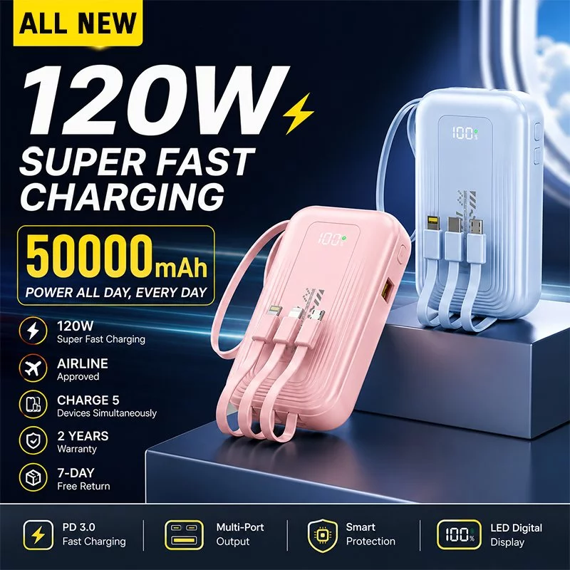 LIANGWE Powerbank 50000mAh Mini 4 kabel bawaan Cable Fast Charging 120W Lightweight LED Display GARANSI 1 TAHUN DX496 - foto 1