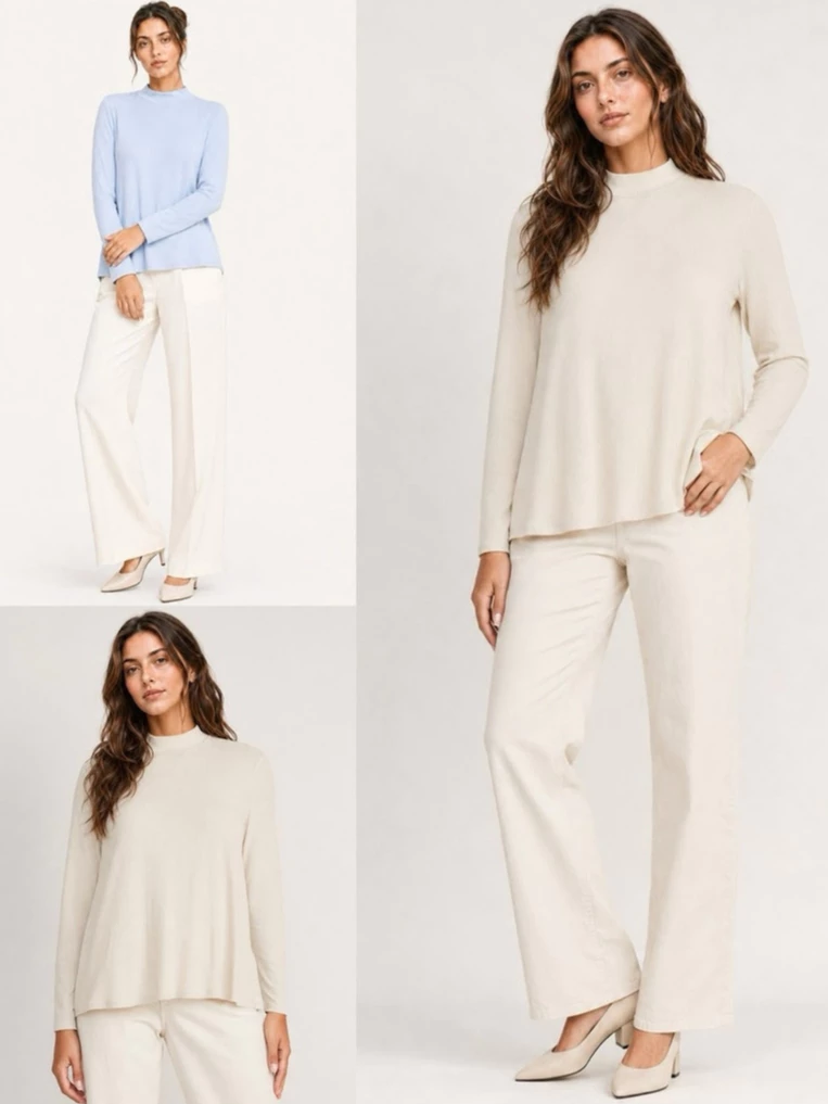 Atasan Lengan Panjang Wanita OLN Luxe Mock-Neck Rib-Knit Swing T-Shirt - 2944