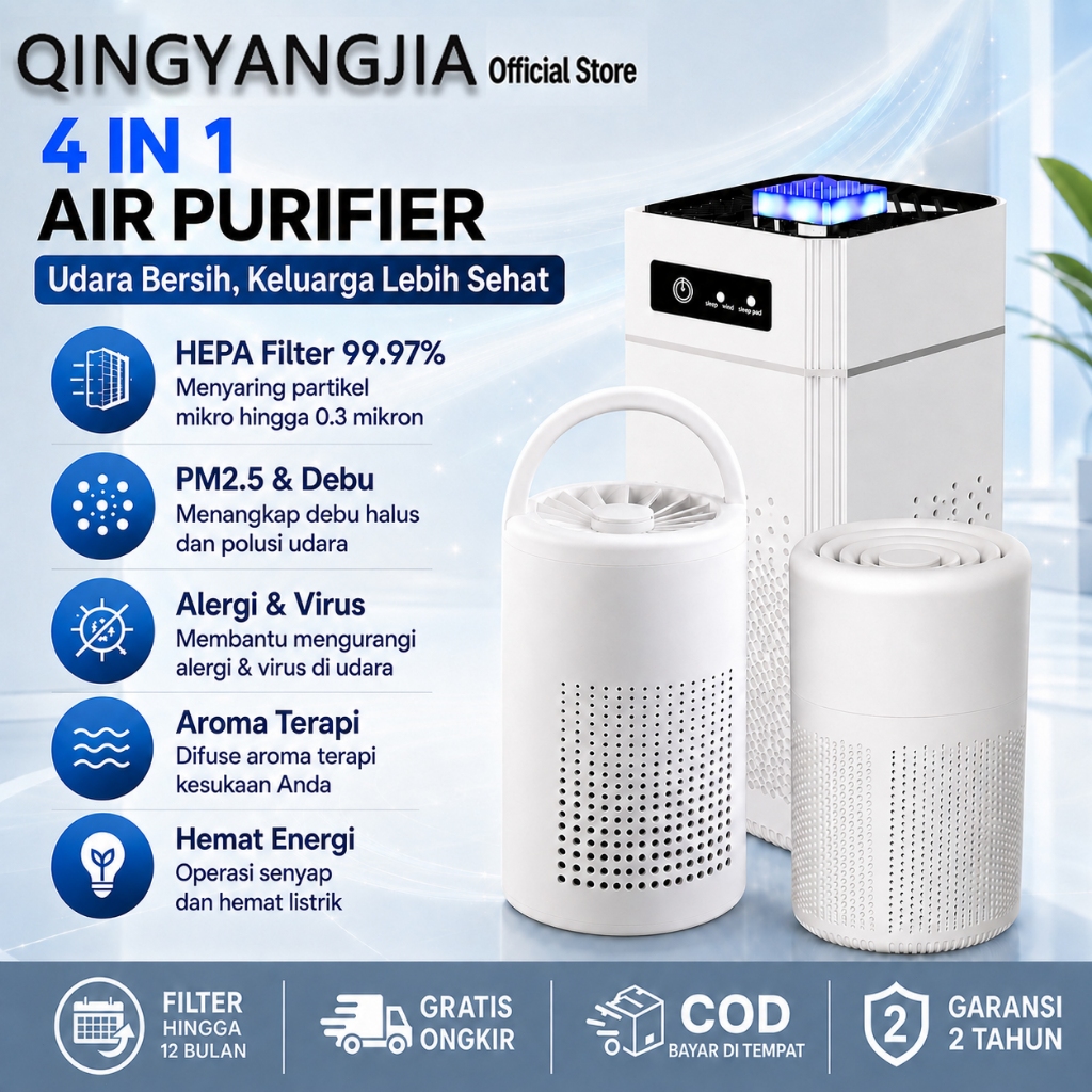 QINGYANGJIA Air Purifier  4IN1 HEPA13 UV‑C Filter Karbon Aktif PM2.5 Layar Sentuh Rumah
