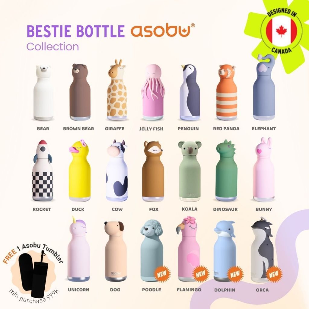 ASOBU Bestie Bottle - Botol Minum Anak Dewasa BPA Free Food Grade/ Tumbler / Insulated Termos Stainless Steel 460ML Tahan Panas Dingin 24 Jam - All Variants Duck Rocket Cow Bunny Unicorn Dino Bear Fox