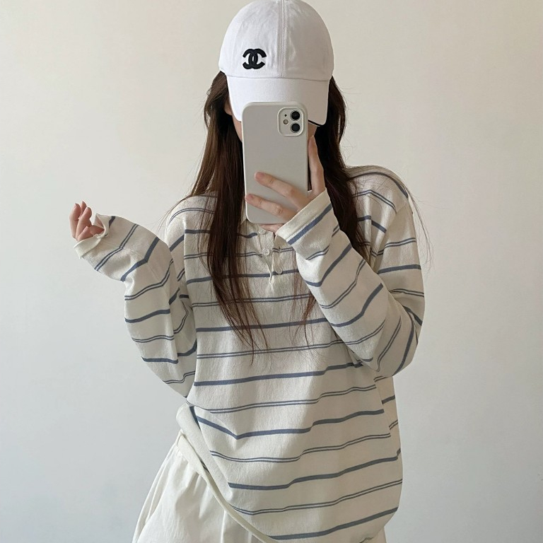 [Premium]Atasan Kasual Wanita Polo Lengan Panjang Motif Garis‑garis Import Quality Jahitan foto 5