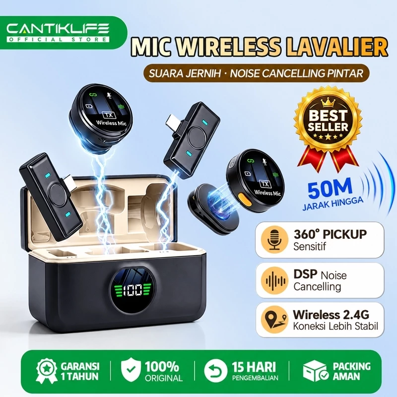 Cantiklife Q8 Mikrofon Wireless Clip On Magnetic Dual Lavalier Mic HP IOS Type C Plug & Play dengan Charging Case untuk Live Streaming TikTok YouTube Rekaman Video