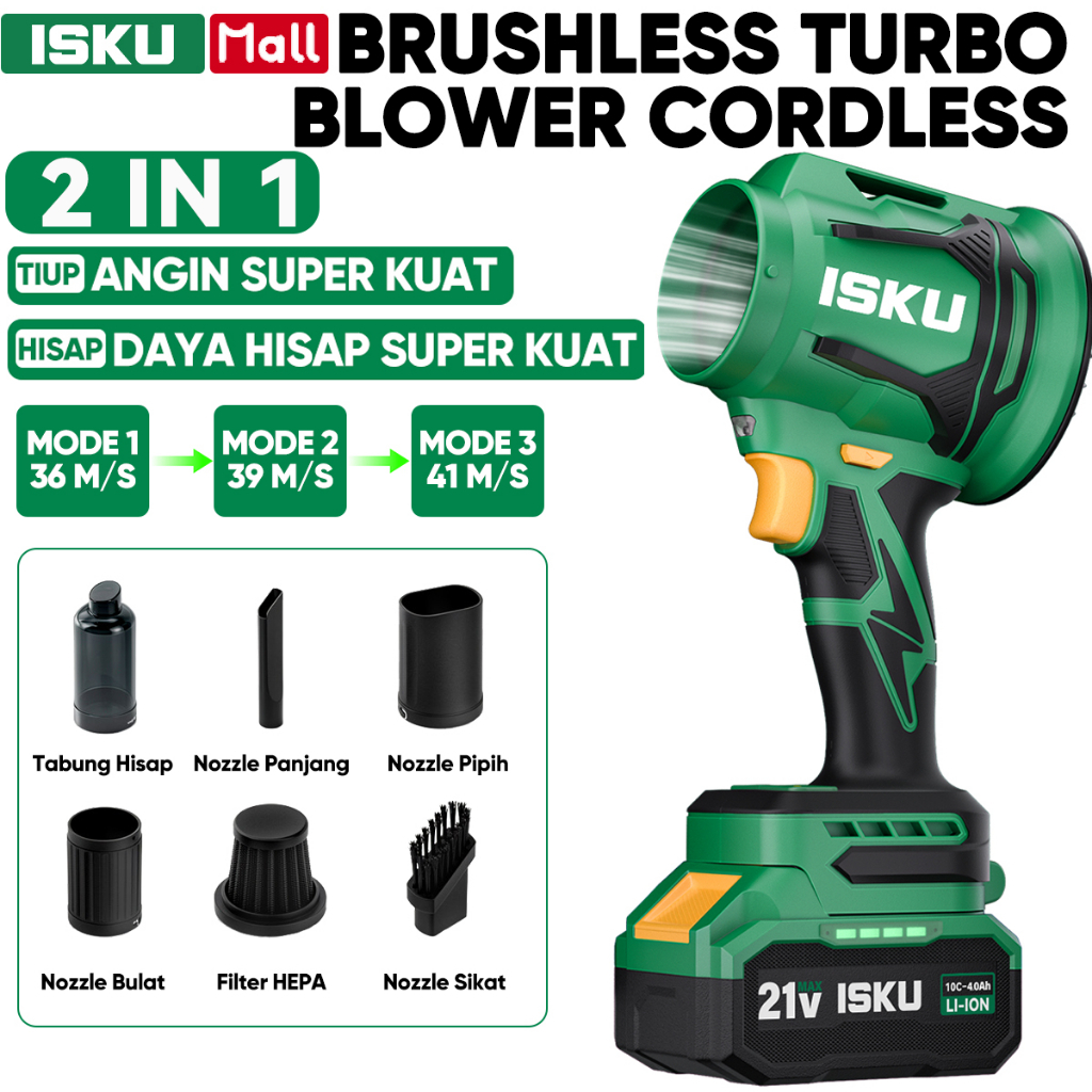 ISKU Mesin Blower Angin Baterai Cordless Brushless 21V 2 in 1 Jet Blower Vacuum Penyedot Debu Mobil PC Alat Tiup Daun Kering Kipas Turbo Super Kuat Filter HEPA Cuci Ulang 3 Kecepatan Variable Speed Perkakas Kebersihan Praktis Tahan Banting