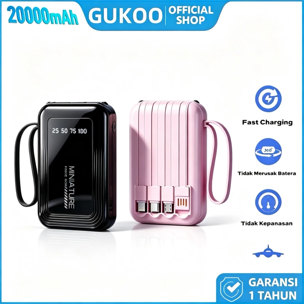 GUKOO POWERBANK 20000mAh dengan kabel terintegrasi USB-C, Micro USB, Lightning dan layar digital