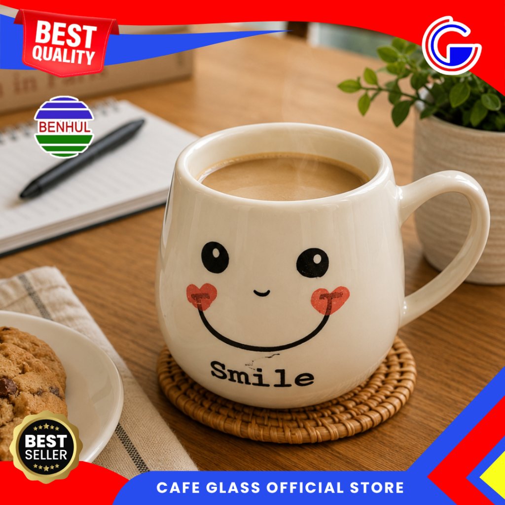 Mug Keramik Smile Lucu - Cangkir Minum Kopi Teh Aesthetic - Mug Kado Hadiah Benhul