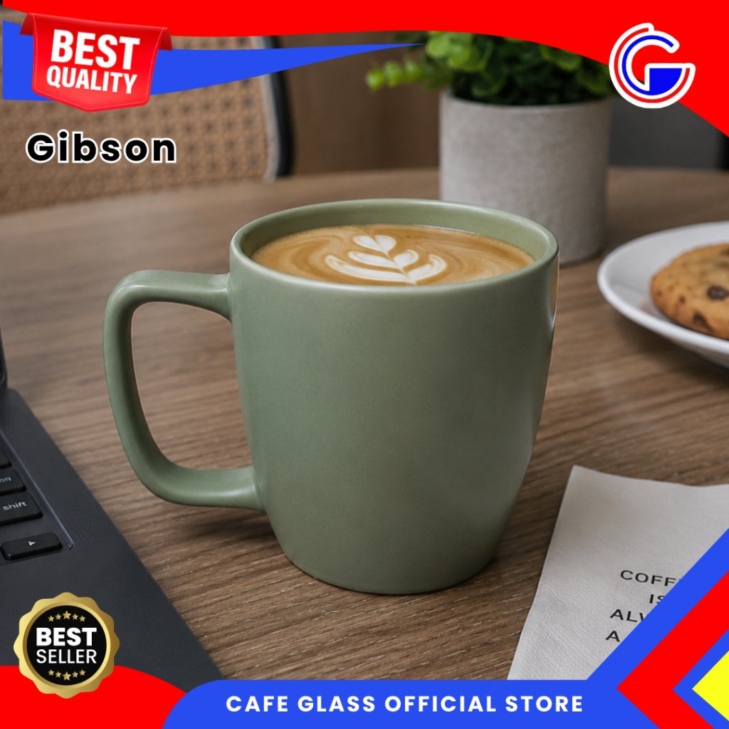 Mug Keramik Warna Hijau Sage Premium - Gelas Pegangan Aesthetic - Mug Coffee 440ml Gibson BC-252048