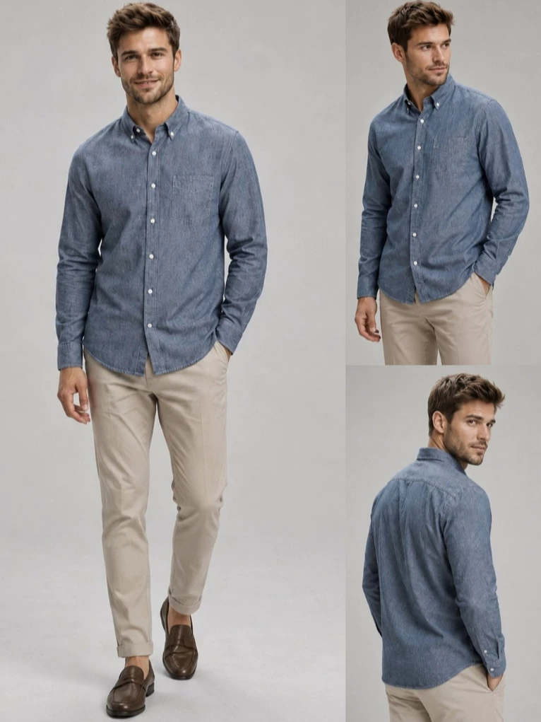 Kemeja Lengan Panjang Casual Pria LLB Signature Denim Chambray Long Sleeve Shirt - 3268