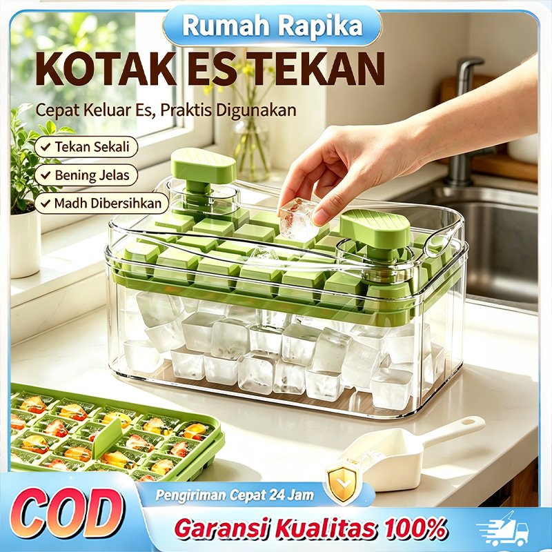[COD]Rumah Rapika Cetakan Es Batu 28 Grid 56 Grid Ice Cube Maker Press Handle Wadah Kotak Penyimpanan Es Transparan Free Sekop Es Food Grade