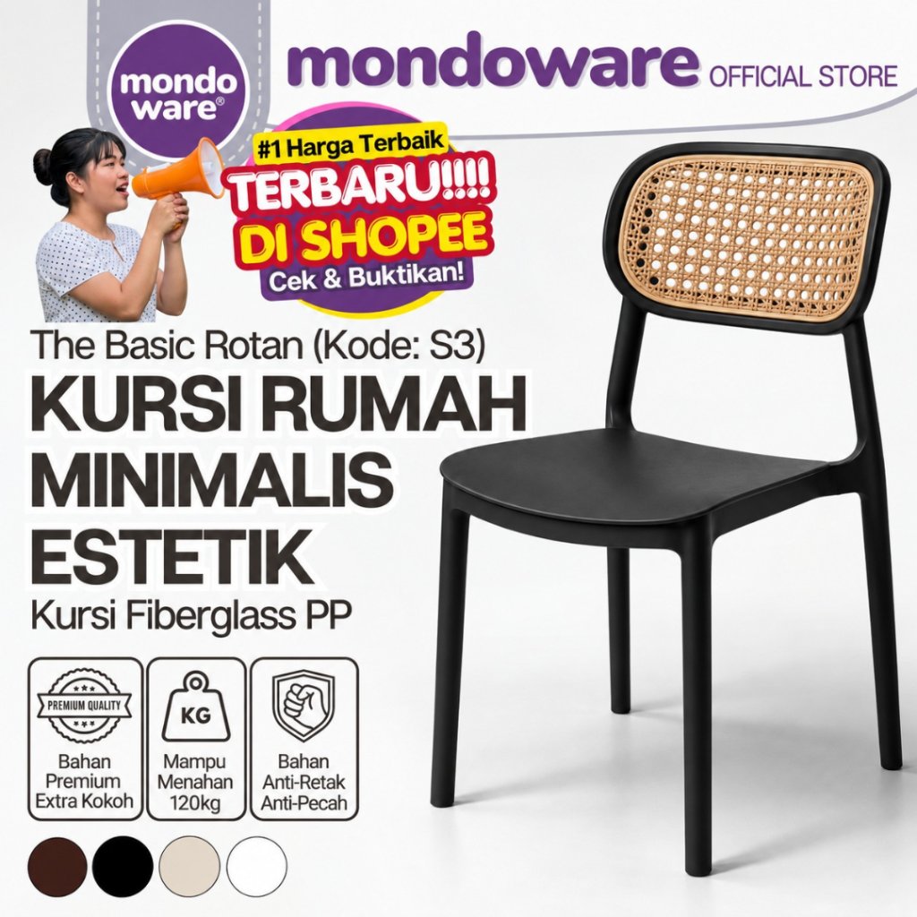 MONDOWARE | Kursi Tamu - Kursi Rotan Rotan - Kursi Makan Rotan - Kursi Teras - Kursi kafe - Kursi Kopi - Kursi Cafe - Kursi Teras Minimalis - Kursi Resto Rotan - Kursi Balkon - Kursi Hotel - Kursi Plastik Premium (S3 - The Basic Rotan)