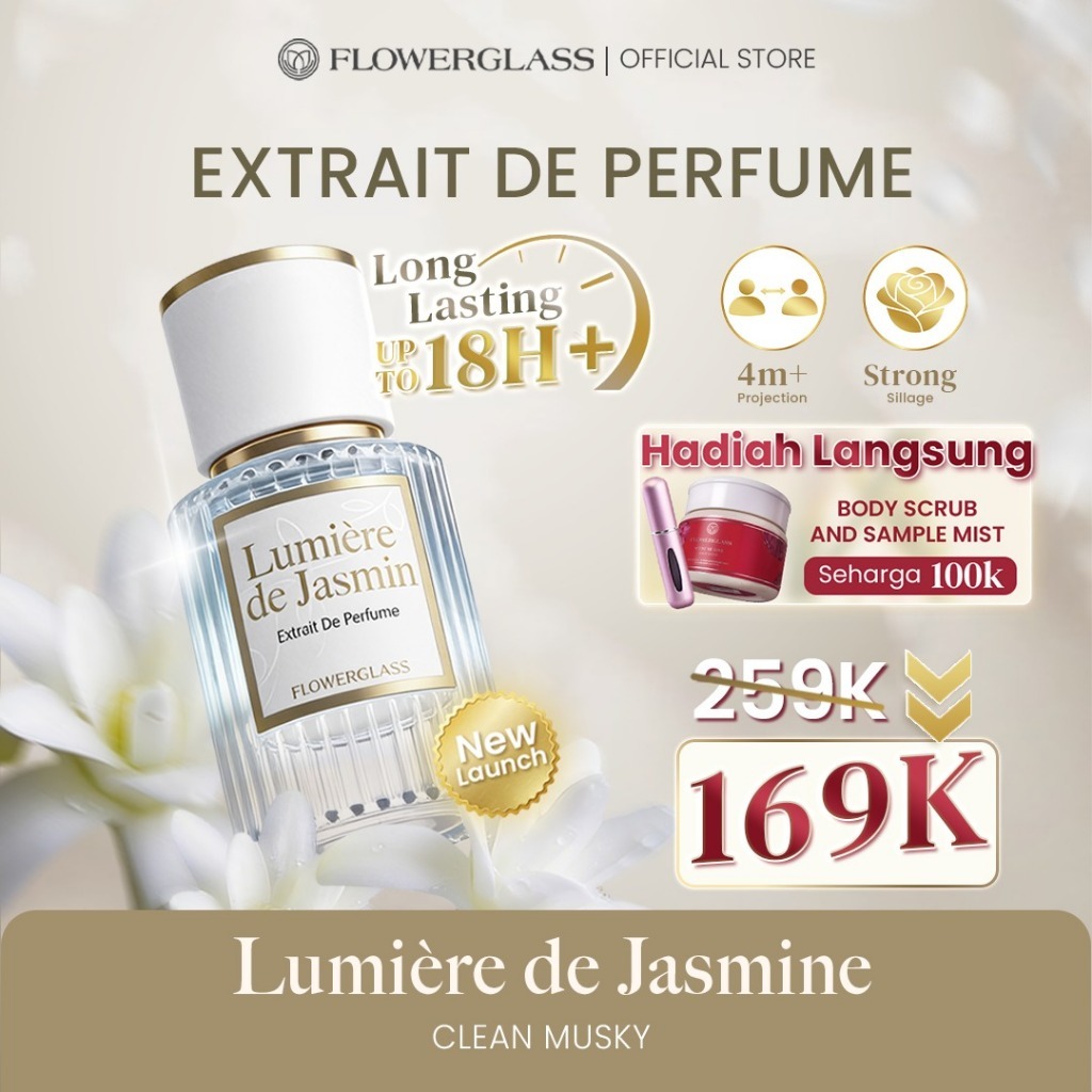 Flowerglass Extrait de Parfum 30ml Lumiere de Jasmin - Parfum Wanita Floral Musky Woody Tahan Lama 18 Jam