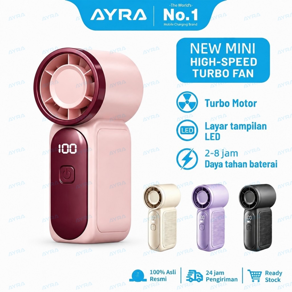 AYRA Kipas Mini Genggam Portable LED Turbo 2000mAh Type-C Charging Travel Fan 23000RPM