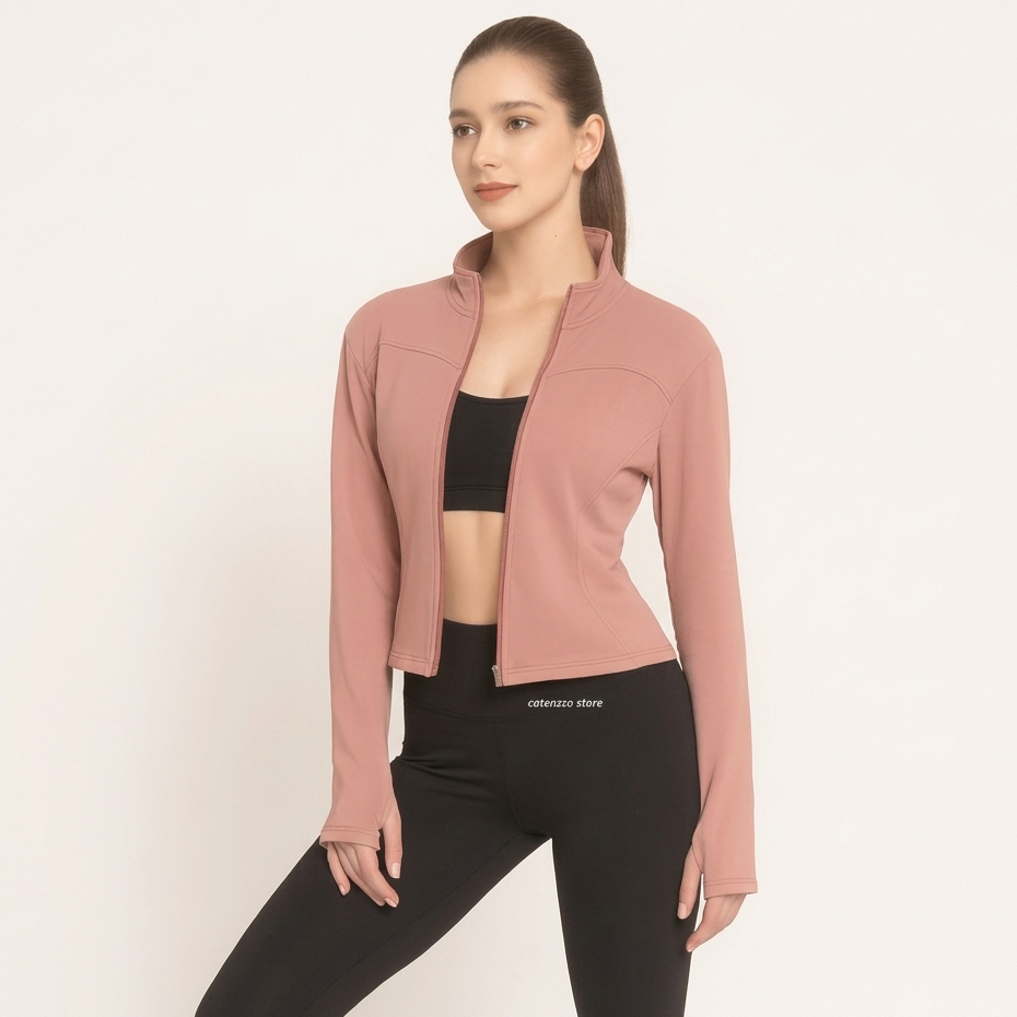 Jaket fitnes gym wanita Polos Lengan Panjang cepat kering dengan resleting yoga lari Anti UV