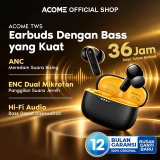 ACOME TWS Gaming ENC-ANC In Ear Earphone Bluetooth 6.0 IPX4 Waterproof Tahan 36 Jam Ultra Light Weight Ultra Bass AT15 HI-FI Quality Yellow Black - Garansi 12 Bulan