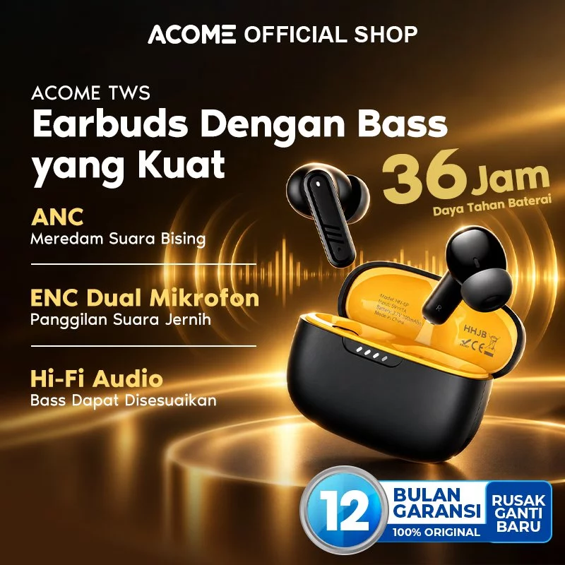 [TERLARIS] ACOME TWS Gaming ENC-ANC In Ear Earphone Bluetooth 6.0 IPX4 Waterproof Tahan 36 Jam Ultra Light Weight Ultra Bass AT15 HI-FI Quality Yellow Black - Garansi 12 Bulan