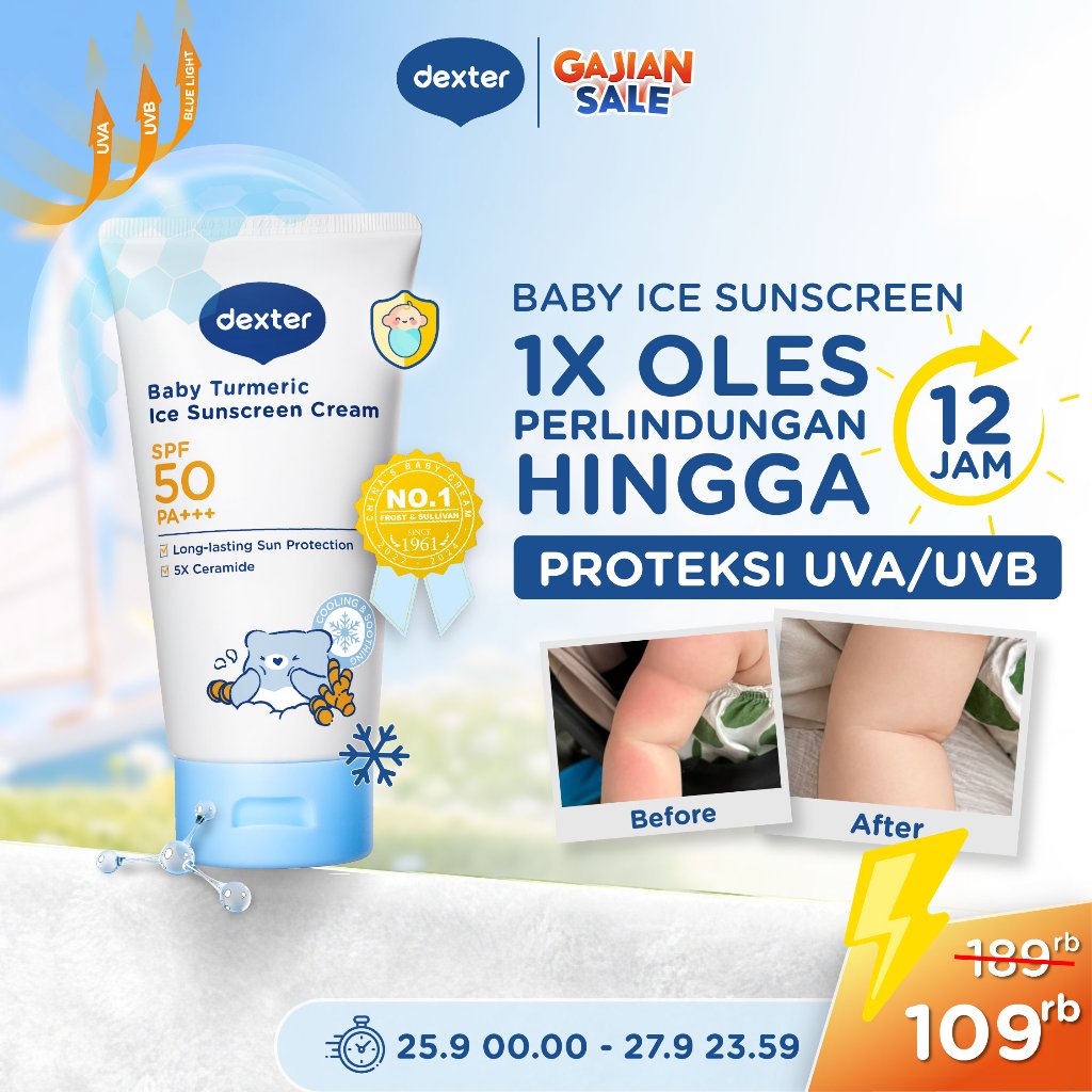 [SPECIAL PRICE] Dexter Baby Turmeric Ice Sunscreen Cream SPF 50 PA +++ 50 g | Sunscreen Dingin Bayi Anak No White-Cast dengan 5X Ceramide | Sunscreen Dingin Melindungi Kulit Dari Sinar Matahari