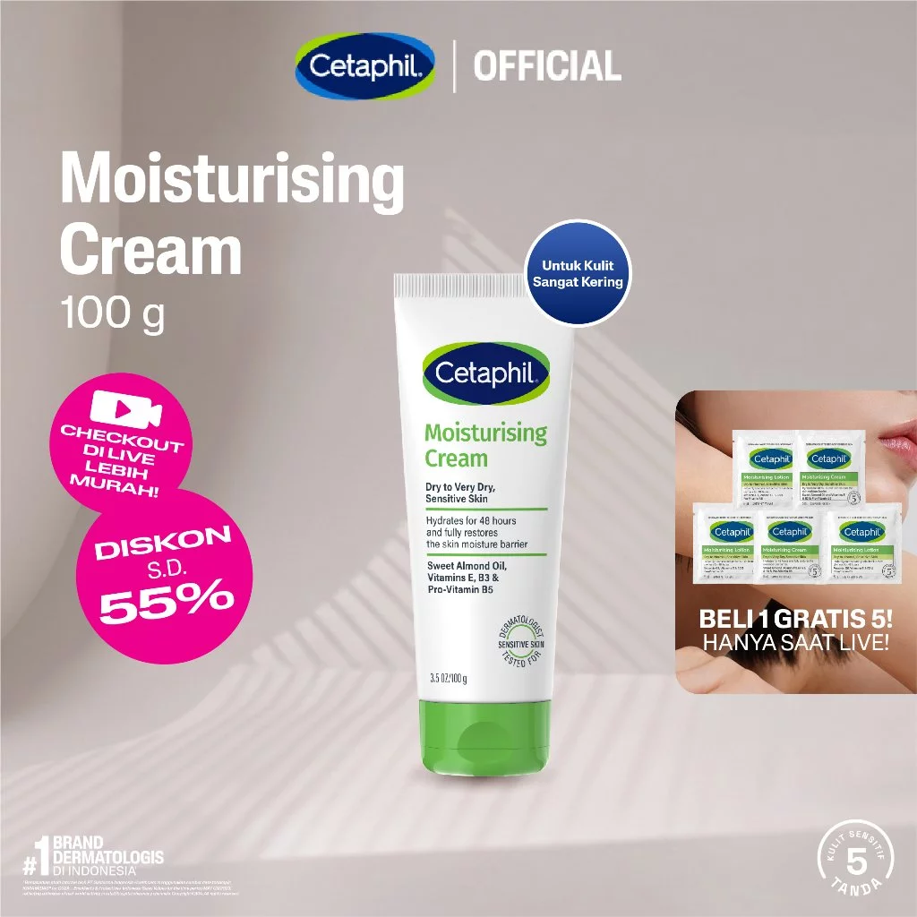 Cetaphil Moisturizing Cream 100g dengan Minyak biji bunga matahari, vitamin E dan Almond Oil Pelembab Wajah & Kulit untuk Segala Jenis Kulit