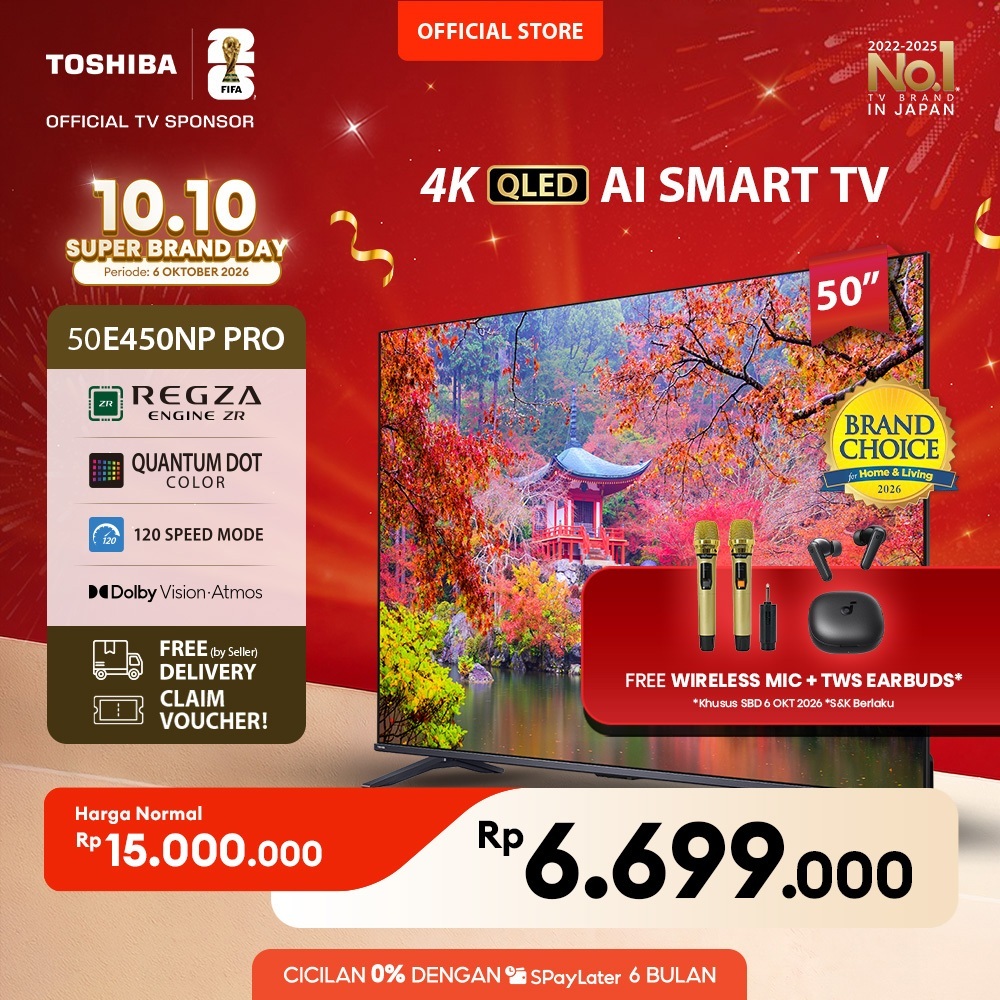 [KHUSUS ONLINE] Toshiba TV 50" 4K UHD QLED AI Smart TV PRO - Regza ZR Quantum Dot Dolby Vision Atmos Far Field Voice HDR10+ MEMC VRR ALLM Netflix Disney+ Youtube Screen Sharing Voice Control Wifi Bluetooth 5.0 HDMI 2.1 Digital - 50E450NP PRO