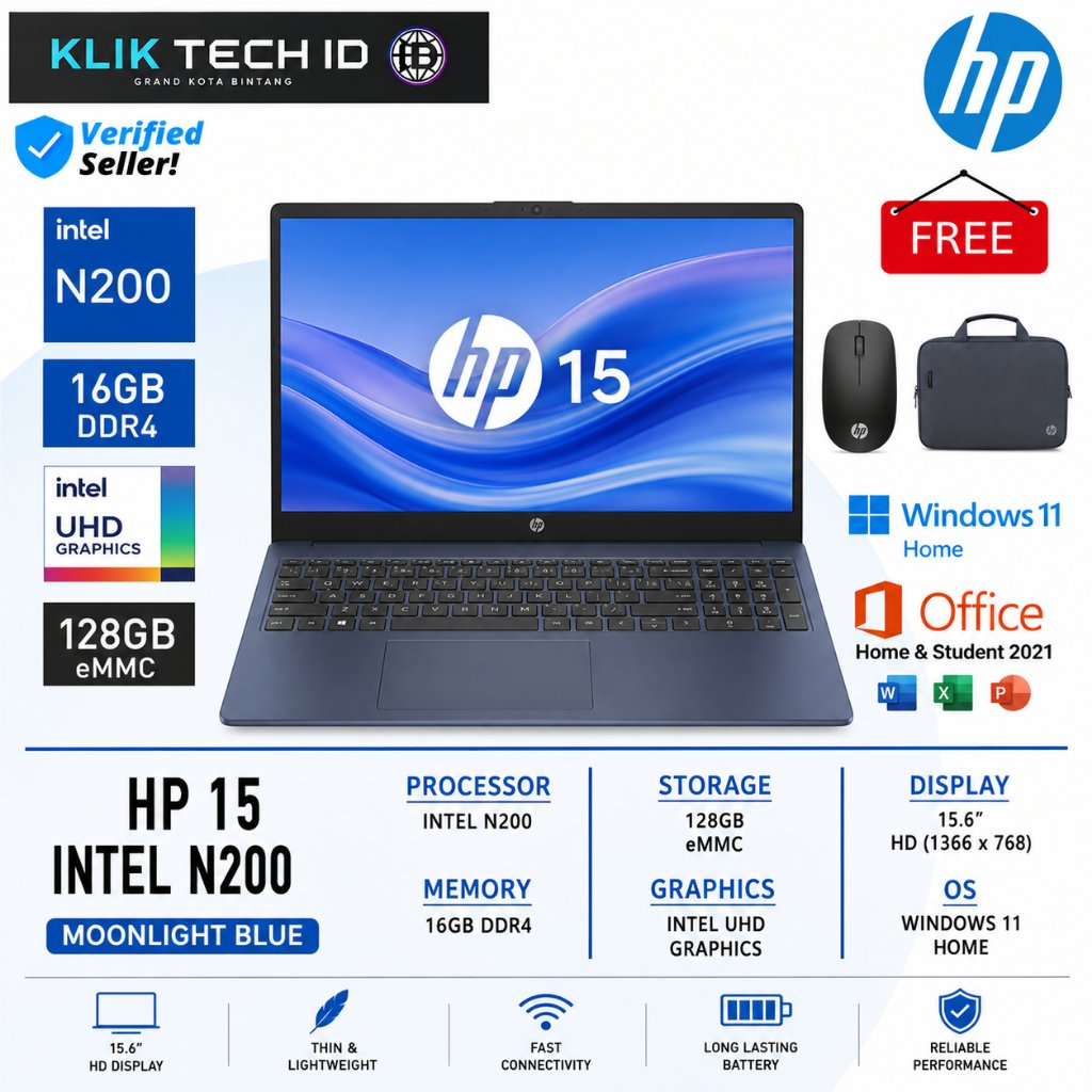 [100% Baru] Laptop Murah HP 15 Intel Core N200 RAM 16GB 256GB 15.6 HD Windows 11 Home Original