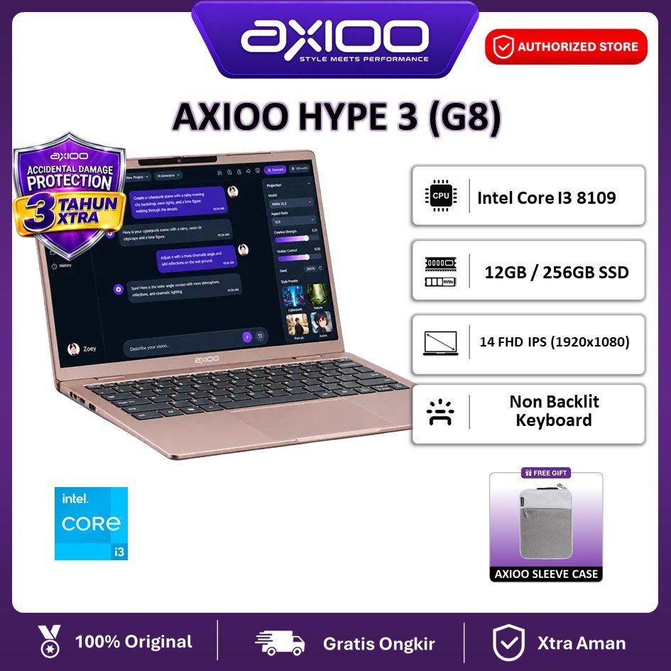 Laptop AXIOO HYPE 3 (G8) Intel Core I3 8109 Ram 12GB Ssd 256GB Windows 11 Layar 14.0FHD IPS Brown, Blue
