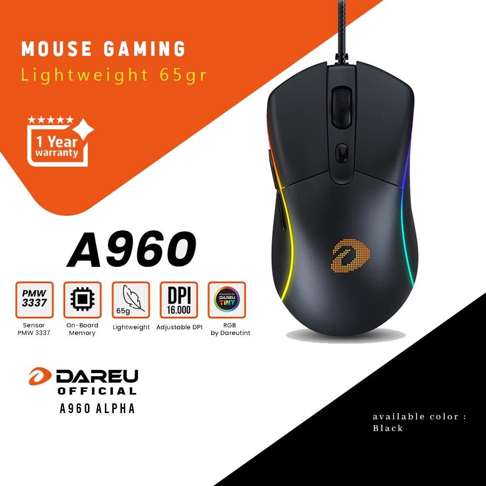 Jual Mouse Gaming Lightweight 65 gr DAREU A960 ALPHA | Shopee Indonesia