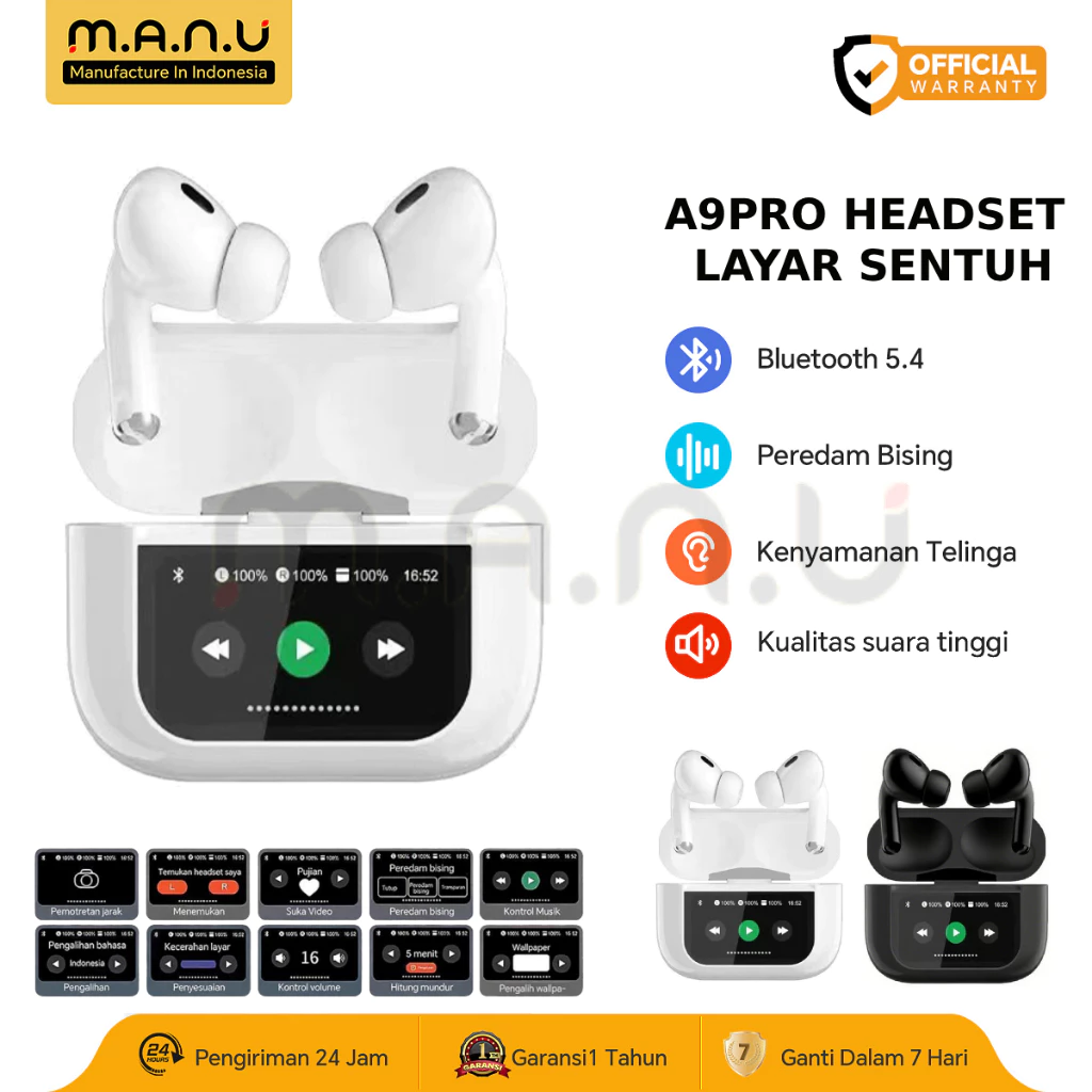 MANU A9 PRO ANC/ENC TWS Earphone True Wireless Bluetooth 5.4 Smart Touch Screen Active Noise Reduction Headphone Hifi Stereo LCD Display Tahan Air Super Bass Earbuds
