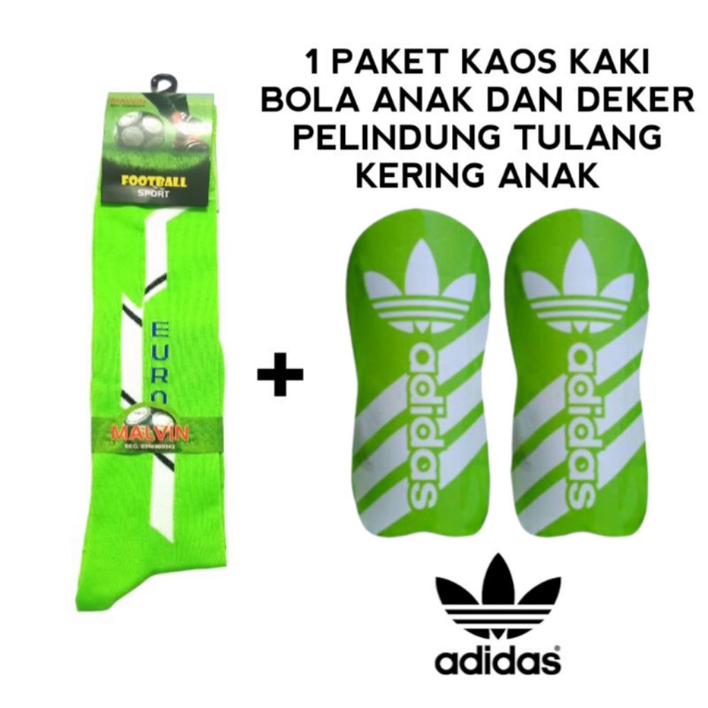 PAKET KAOS KAKI SEPAK BOLA ANAK PANJANG SEBETIS OLAHRAGA SPORT FUTSAL DAN  SKIN GUARD DEKER PELINDUNG TULANG KERING SPECS