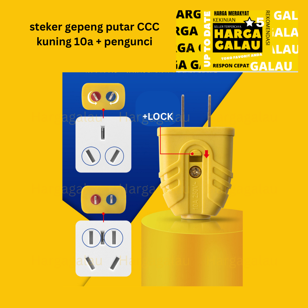Jual steker gepeng putar CCC kuning 10a 250v + pengunci tipe i A rotate ...