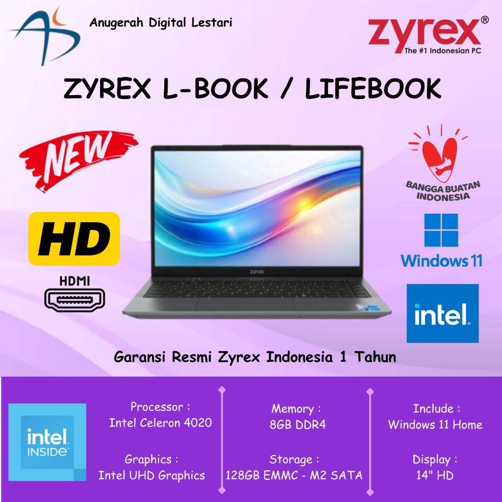 Jual Laptop Zyrex L-Book Zyrex Lifebook Intel N4020 8GB 128GB eMMC WIN ...