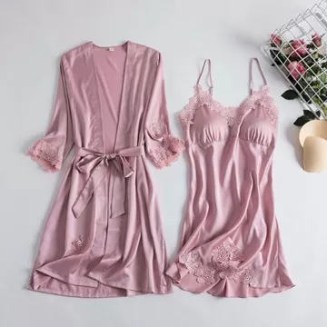 Baju Tidur Kimono Satin Renda Wanita Sexy Polos Piyama Kimono Modis 2 In 1