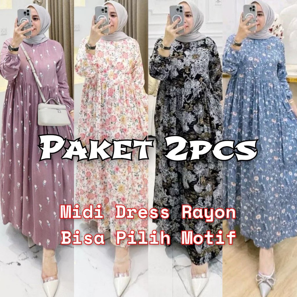 Paket 100rb Dapat 2pcs Midi Dress Gamis Rayon Viscose Motif Bunga Resleting Busui Friedly