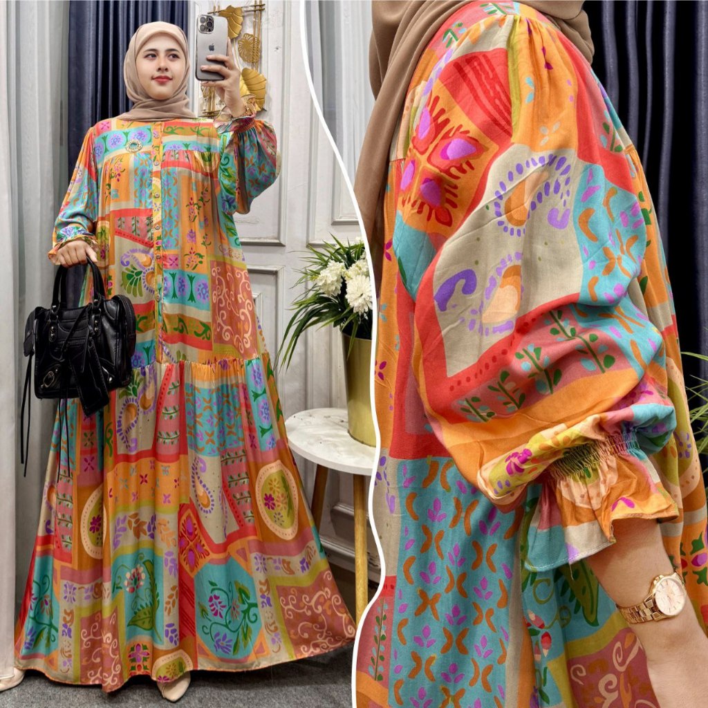 Jual Deviaa Gamis Kancing Depan Rempel Lengan Balon Bunga Rayon Motif ...