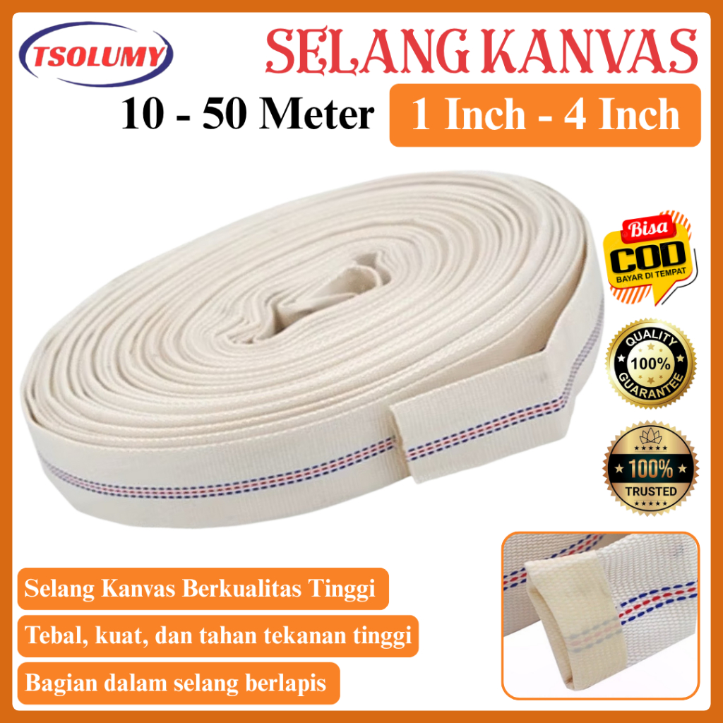 TSOLUMY Selang Air Kanvas Layflat 1, 1.5, 2, 3, 4 Inch Per 10 - 30 Meter Selang Irigasi Petanian Kolam Ikan Tebal Anti Sobek