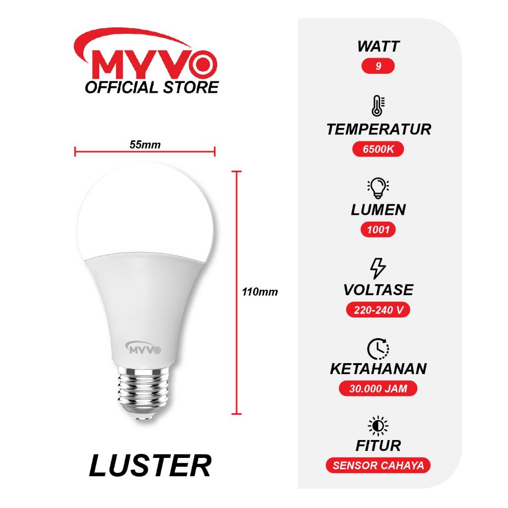 Jual MYVO Lampu Led Sensor Cahaya Luster 9 Watt Cahaya Putih | Shopee ...