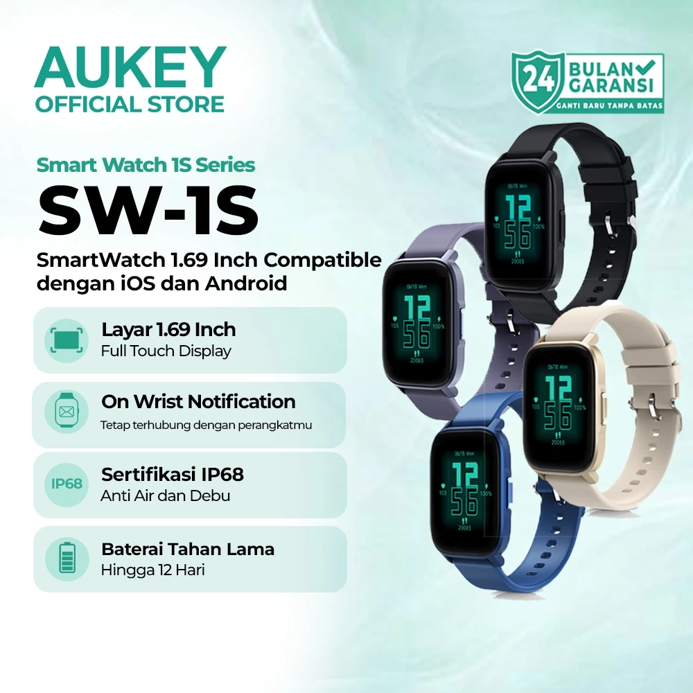 AUKEY SmartWatch Anti Air dan Debu IP68 dengan Bluetooth Call Tahan 12 Hari SW-1S - foto 1