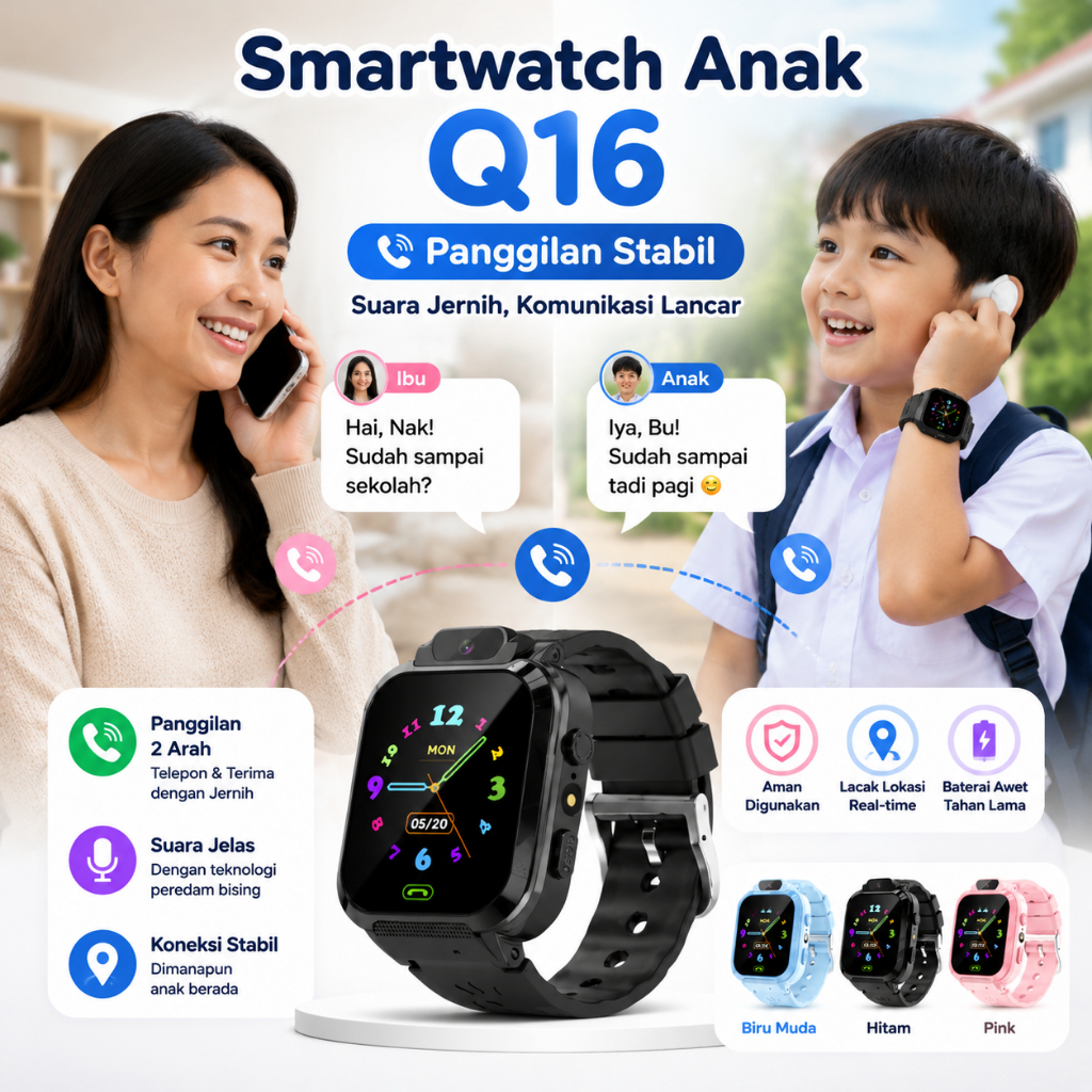 Smartwatch Anak Q16 - Garansi Resmi 3 Bulan, IMEI Resmi, Panggilan Stabil, Pelacakan GPS, Tahan Air, Jam Telepon dengan Kamera