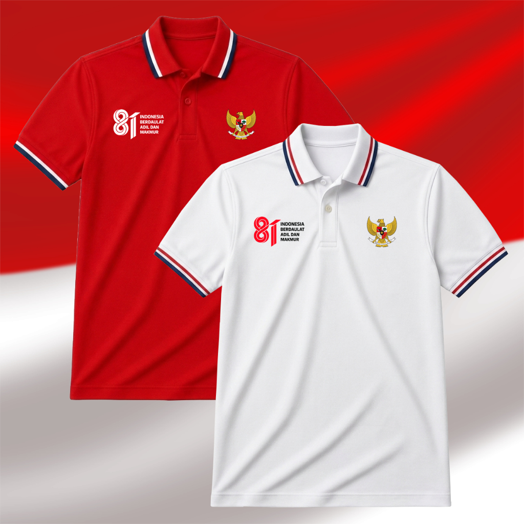 Kaos polo pria HUT RI 81 / Kaos Kemerdekaan RI 81th / Kaos 17 agustus 2026 / Polo pria merah list