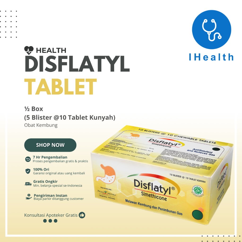 (1/2 BOX) Disflatyl 5 Blister @ 10 Tablet Kunyah BUKAN PER BOX - Meredakan Kembung - Obat Kembung