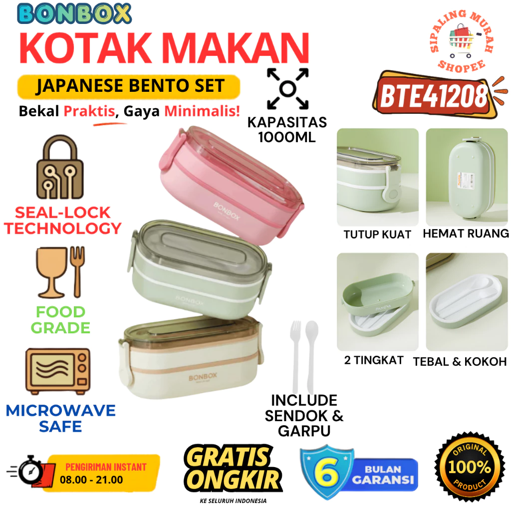 BONBOX BTE41208 PANOVA BTE41208 LUNCH BOX PP 1000ML - KOTAK BEKAL 2 LAPIS SEKAT ANTI BAU MATERIAL FOOD GRADE BPA FREE, AMAN MICROWAVE TERMURAH