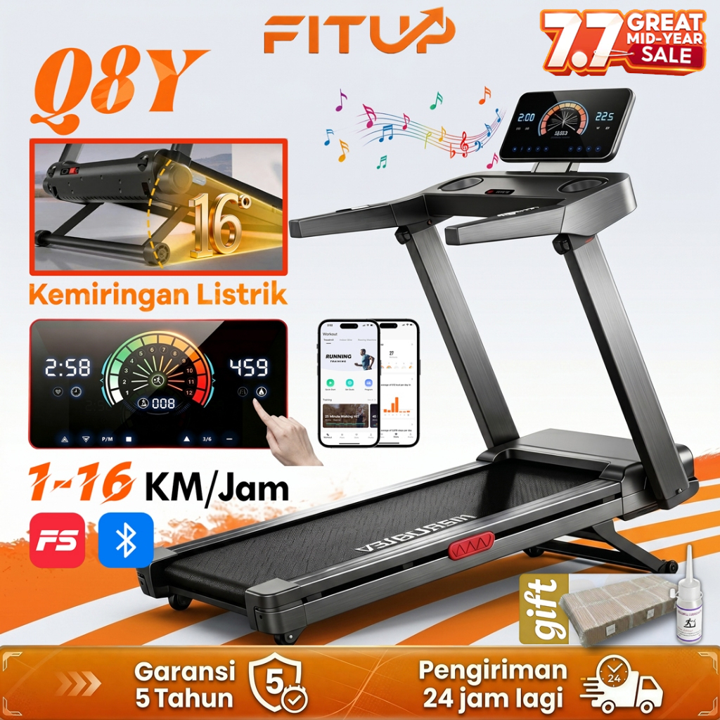 FITUP Pelari Listrik Q8/Q8Y Treadmill Auto Incline Motor 4.0HP, Sabuk Lari 500mm, Detak Jantung Treadmill Electric Low Watt Treadmill Dilipat Portabel