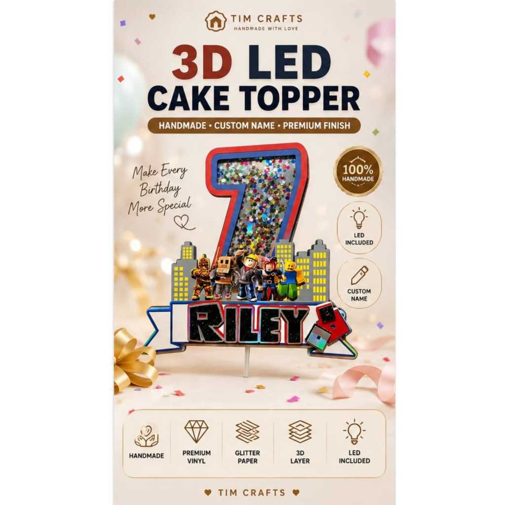 Cake Toppers 3D dan Lampu LED/Dekorasi ulang tahun anak gambar Robloxboy/ 3D paper Craft topper kue kualitas premium/ Gift Souvenir pesta ulang tahun atau event