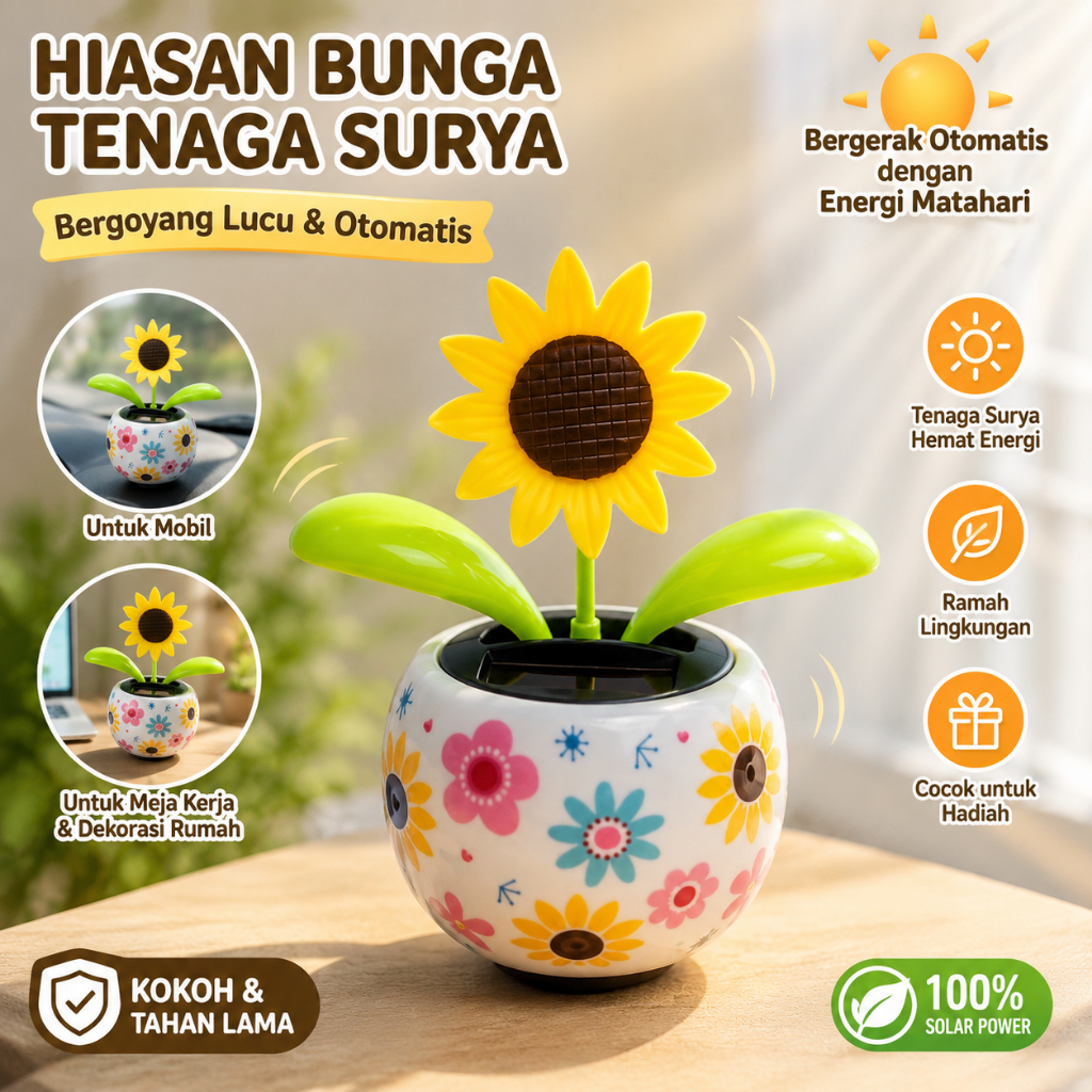Boneka Goyang Mobil Tenaga Surya | Hiasan Dashboard Bunga Matahari Lucu