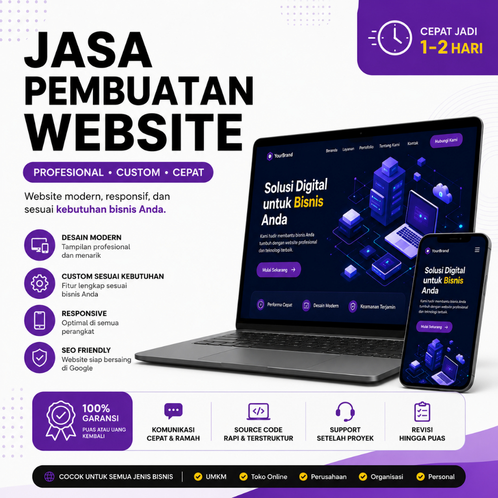 Jasa Pembuatan Website Profesional Custom Responsif, 1-2 Hari, Garansi 30 Hari