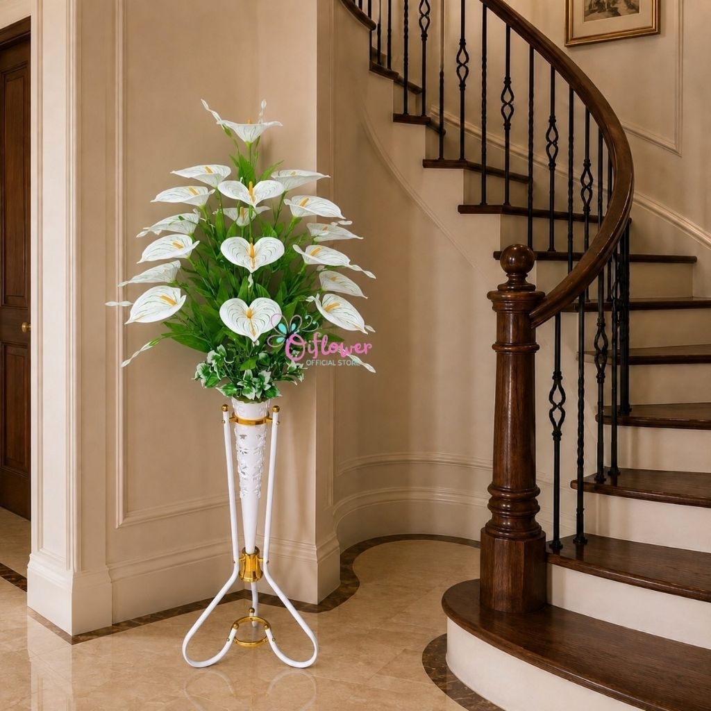 Bunga Hias Sudut Anthurium Lily Satu Set Lengkap Dengan Vas Standing Besi