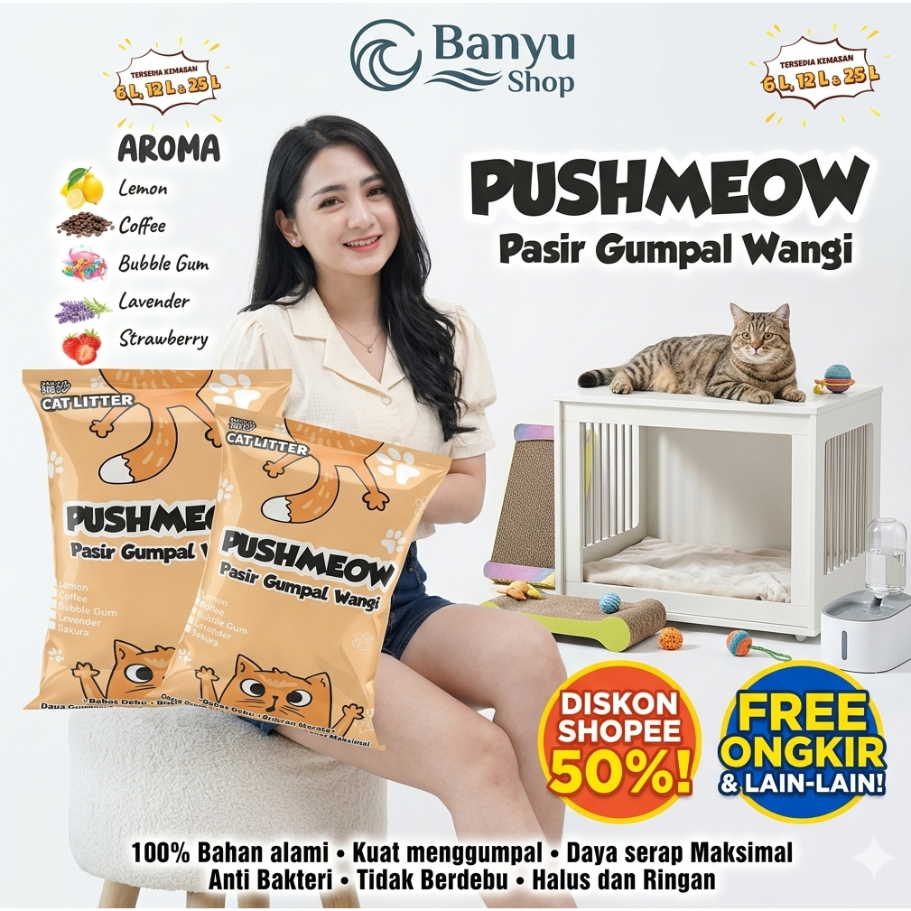 Jual Pasir Kucing PUSHMEOW Premium Bentonite Cat Litter [6L / 12L / 25L ...