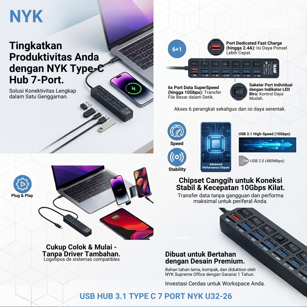 NYK USB HUB 7 PORT USB 3.1 With Type C Portable Fast Charging U3226 COD HUB bergaransi Docking Station Data transfer Mobile phone macbook android ipho (2)