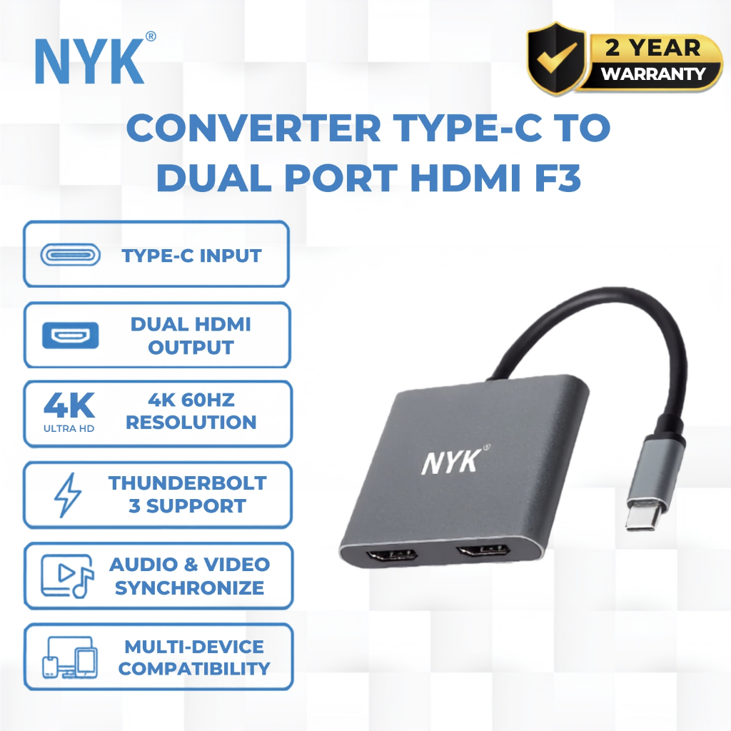 NYK Converter 2 HDMI in 1 USB 3.0 Type C to HDMI 4K 60hz 30hz HUB Dual Port HDMI F3 COD HUB bergaransi Docking Station Data transfer Mobile phone macb